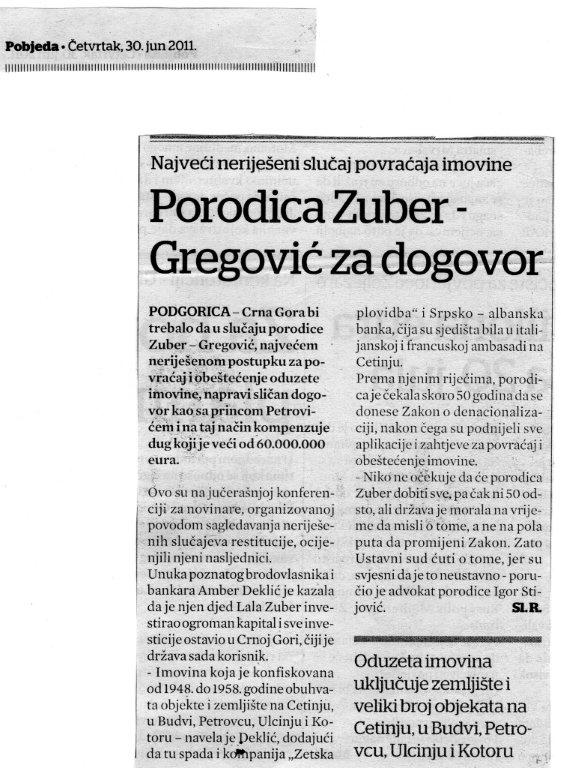Articolo Pobjeda (Podgorica) 30-06-2011 – restituzione Zuber Gregovic Pobjeda 30-06-2011